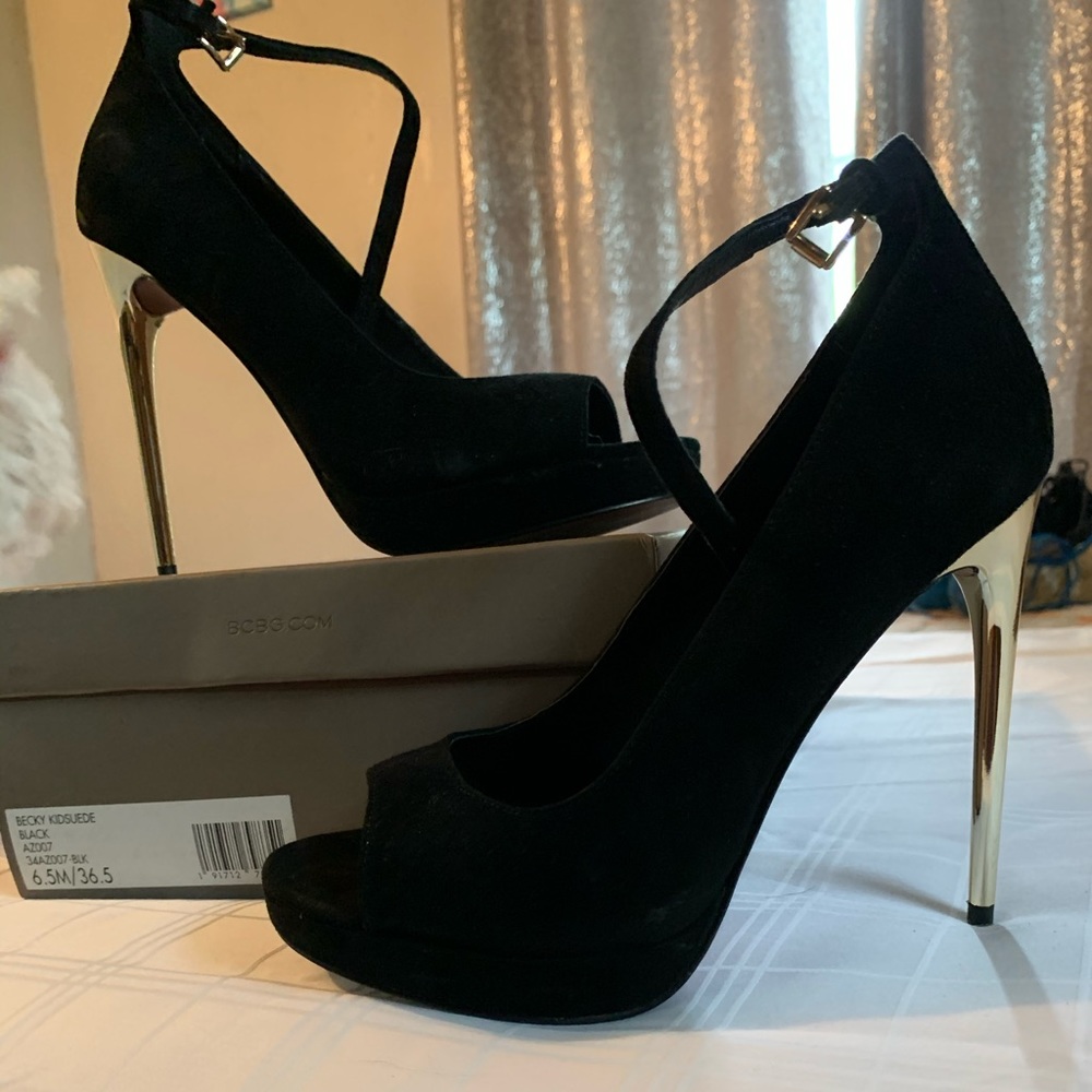 BCBG black suede high heels